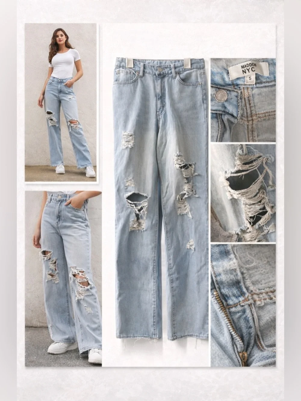 Madden NYC Light Wash Distressed Wide Leg Jeans Size 5 - Picture 9 of 16
